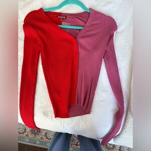 STAUD Red and Pink Ribbed Sweater